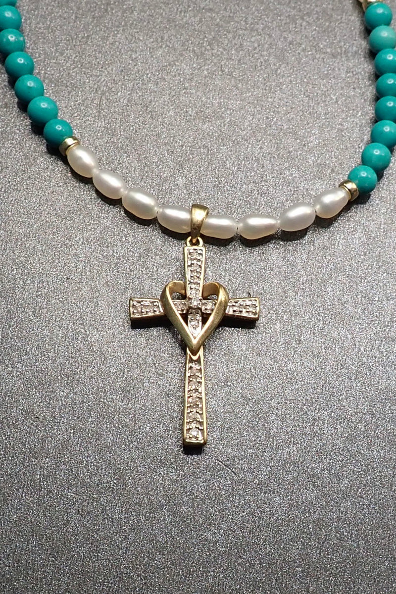 DIAMOND CROSS WITH TURQUOISE & PEARL BEADS - 14K GOLD