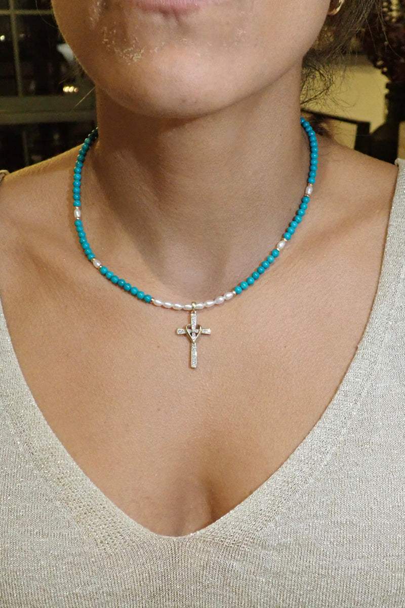 DIAMOND CROSS WITH TURQUOISE & PEARL BEADS - 14K GOLD